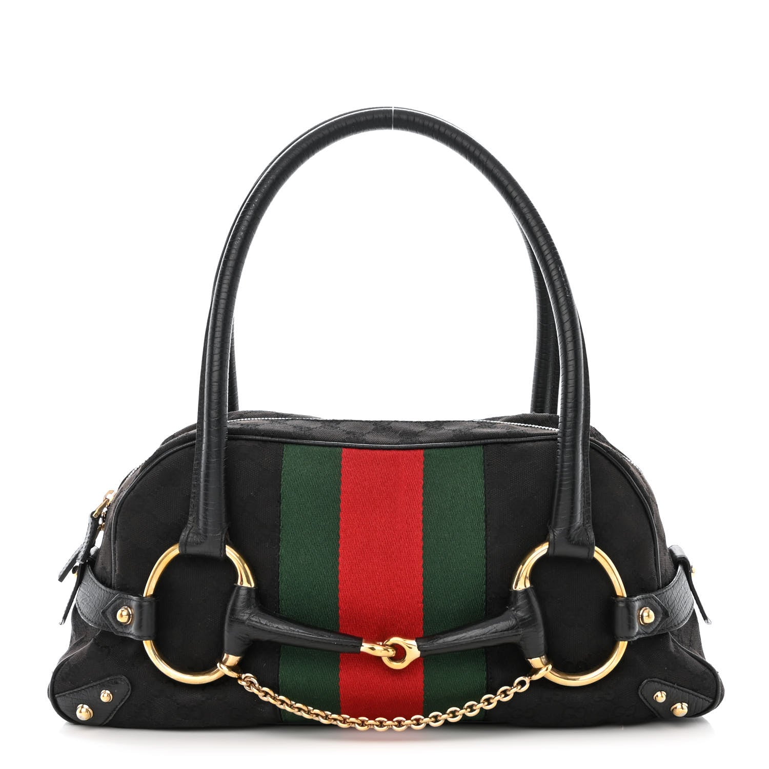 Gucci Monogram Web Large Horsebit Satchel Chain Black 1 of 13
