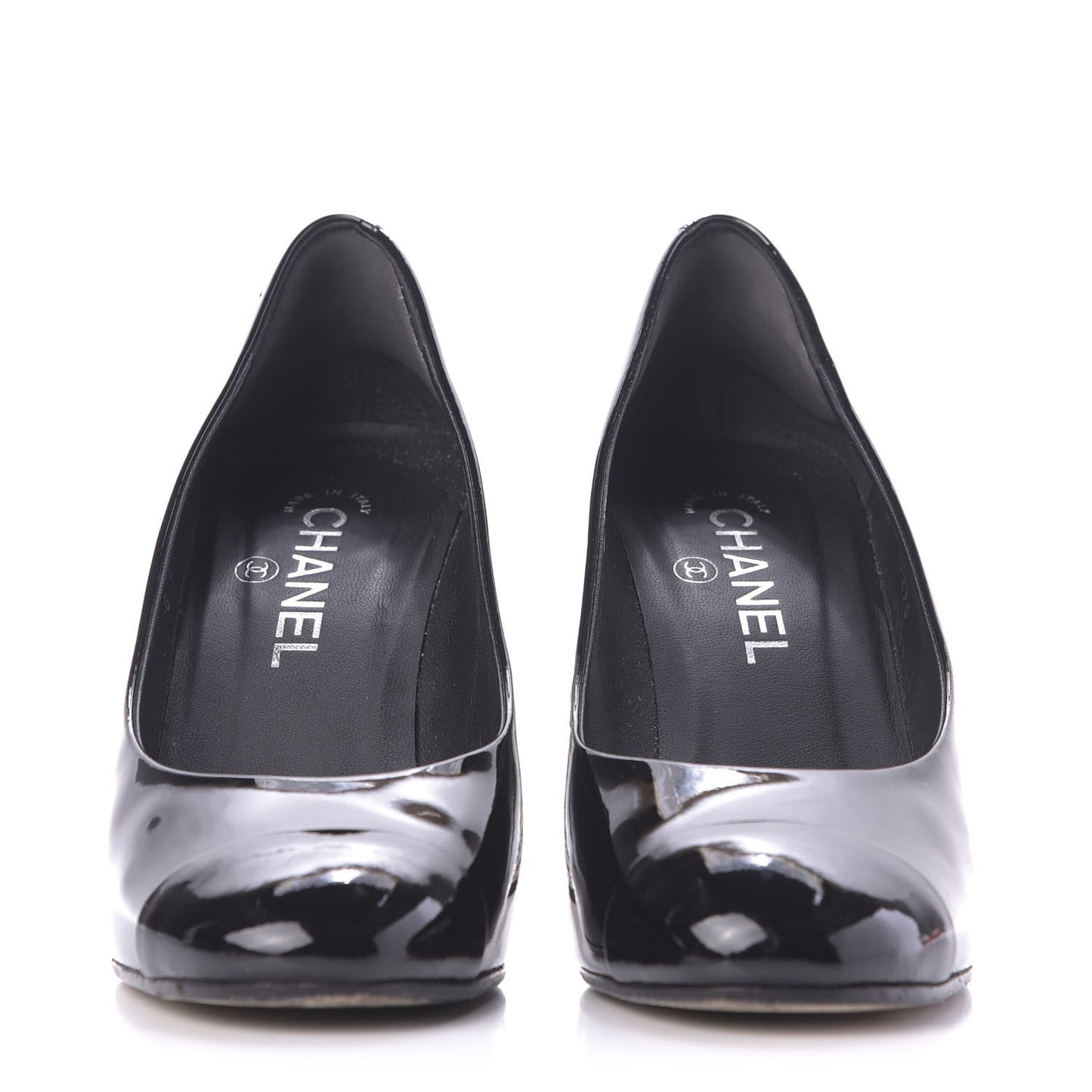 Patent Calfskin Cap Toe CC Pearl Pumps 37.5 Black