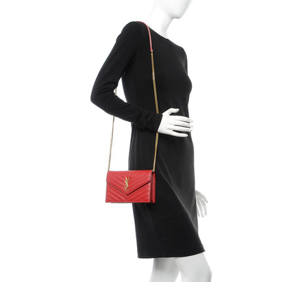 Saint Laurent Grain De Poudre Matelasse Chevron Monogram Envelope Chain Wallet New Red 2 of 9