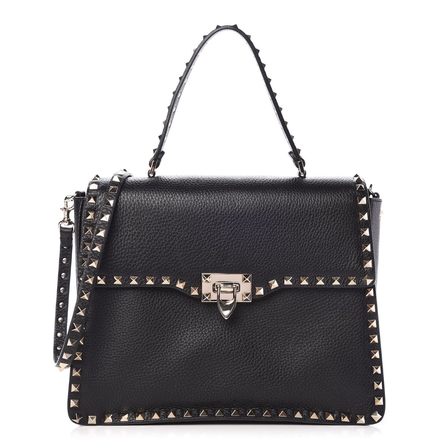Grained Calfskin Rockstud Top Handle Flap Shoulder Bag Black