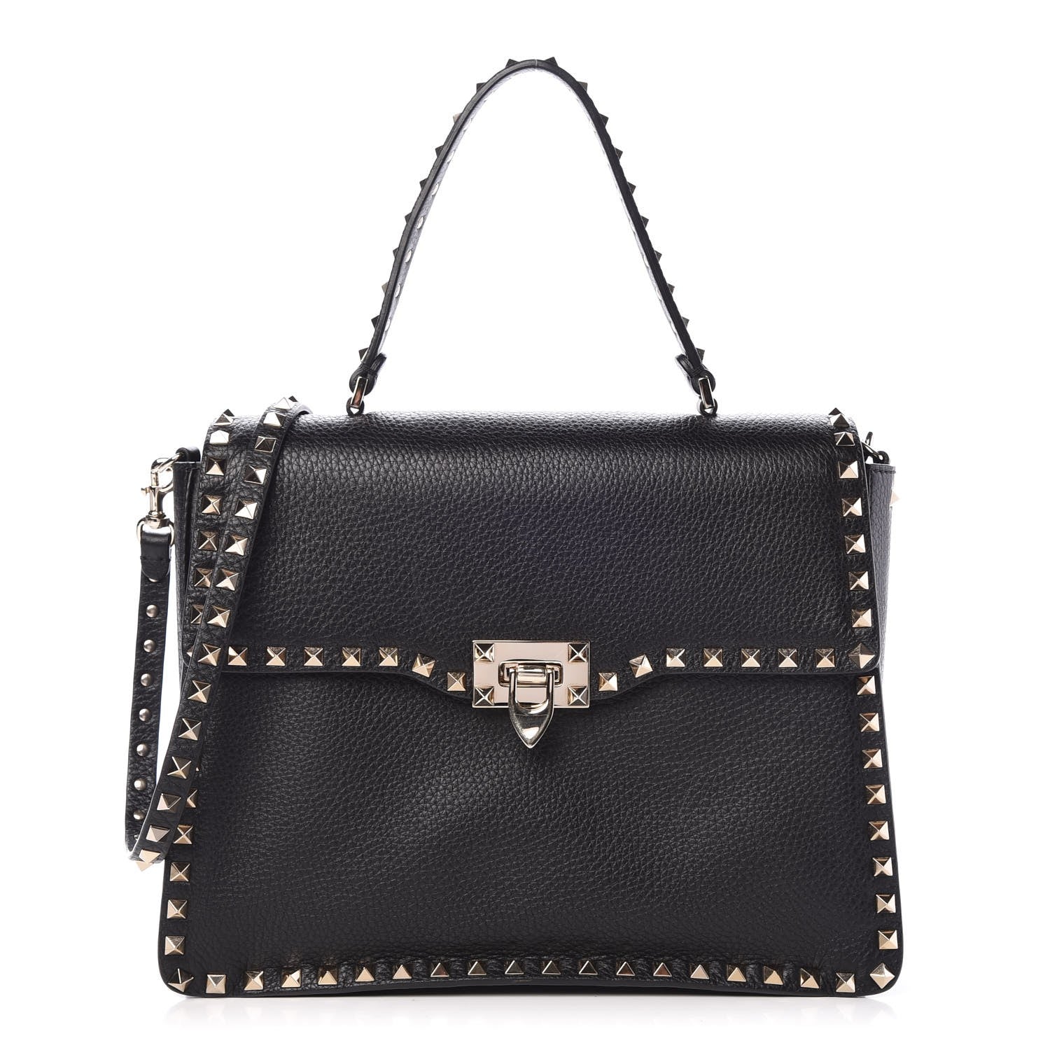 Valentino Garavani Grained Calfskin Rockstud Top Handle Flap Shoulder Bag Black 1 of 8