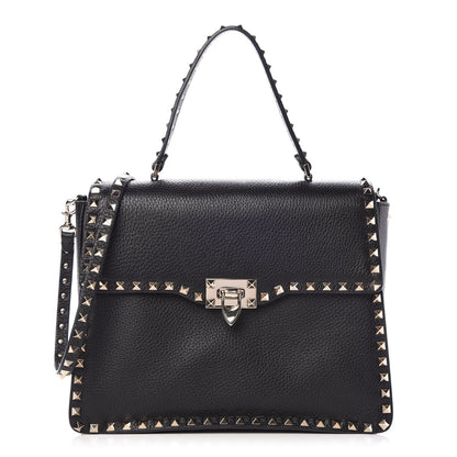 Valentino Garavani Grained Calfskin Rockstud Top Handle Flap Shoulder Bag Black 1 of 8
