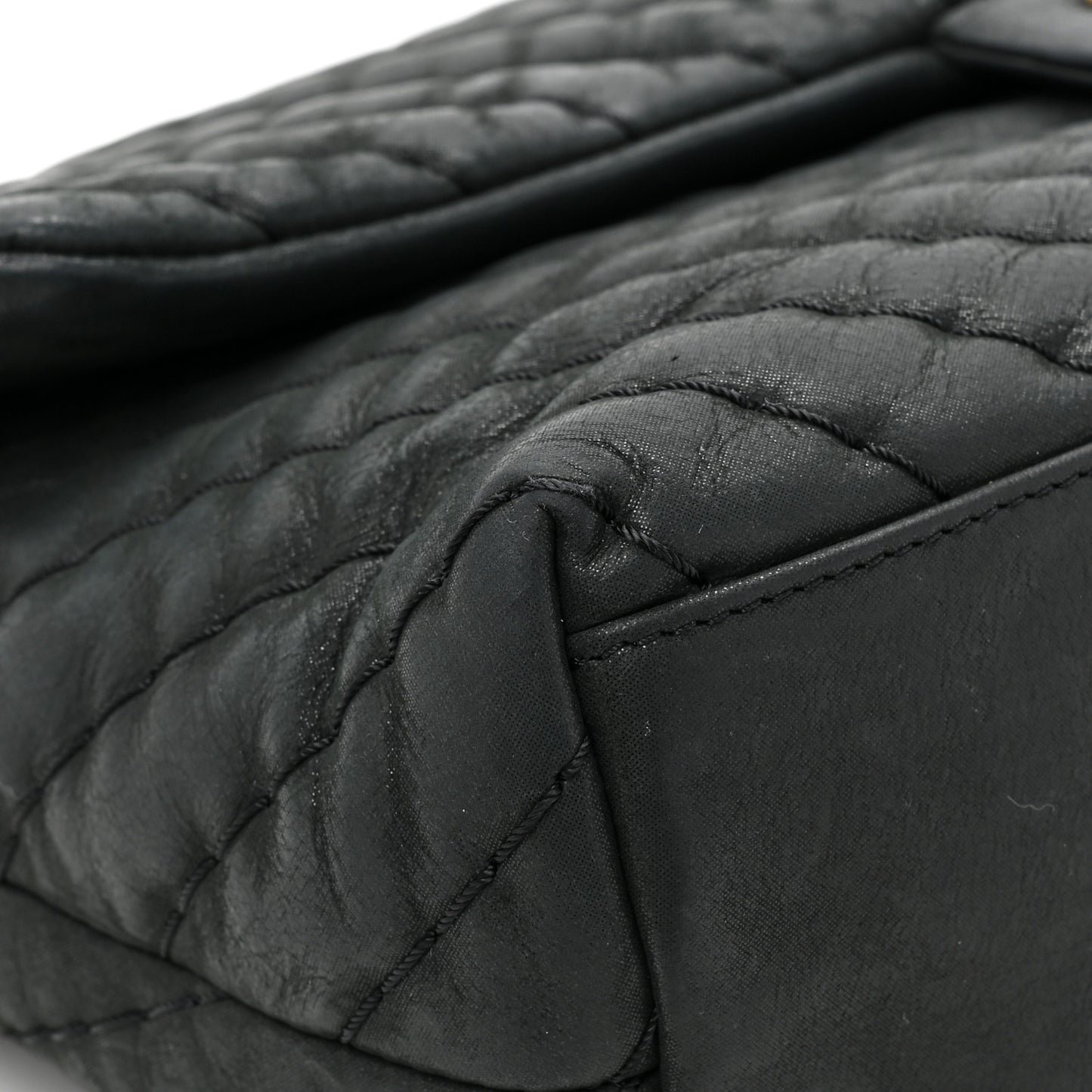 Iridescent Calfskin Surpique Chevron Large Flap Black