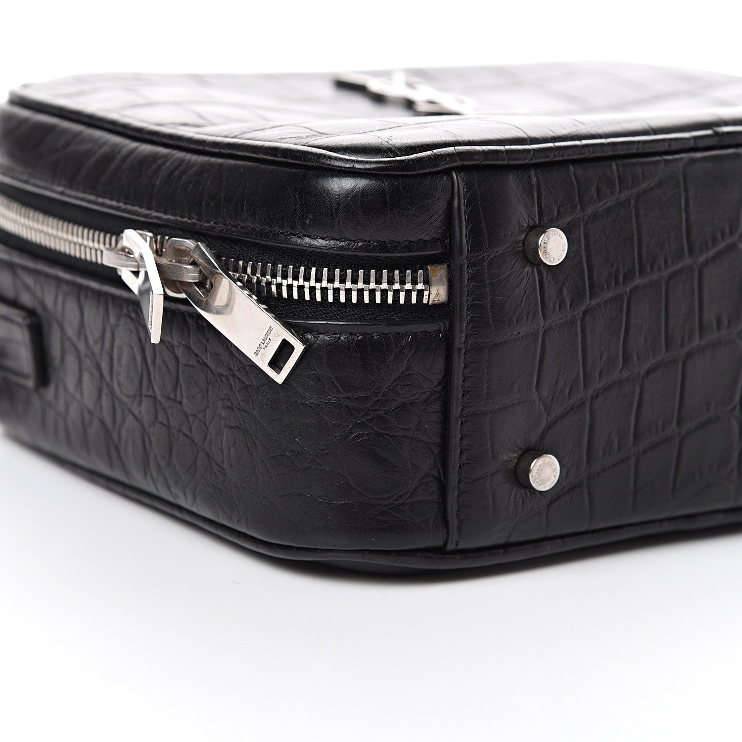 Saint Laurent Calfskin Crocodile Embossed Monogram Lunch Box Bag Black 11 of 15