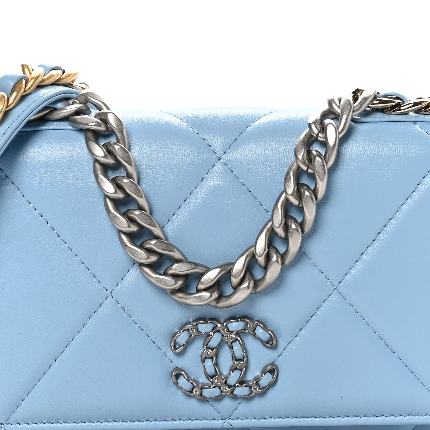Lambskin Quilted Chanel 19 Wallet On Chain WOC Light Blue