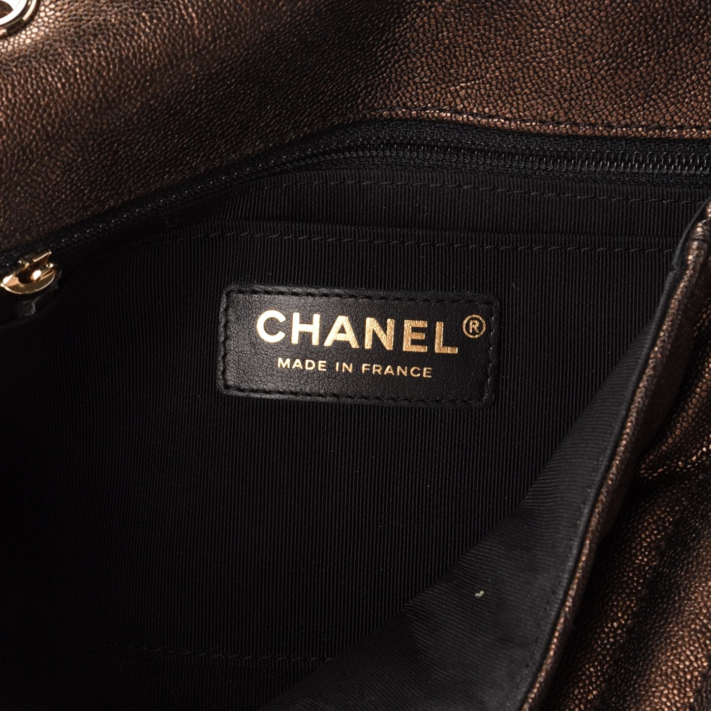 Metallic Caviar Chevron Quilted Medium Statement Flap Bronze
