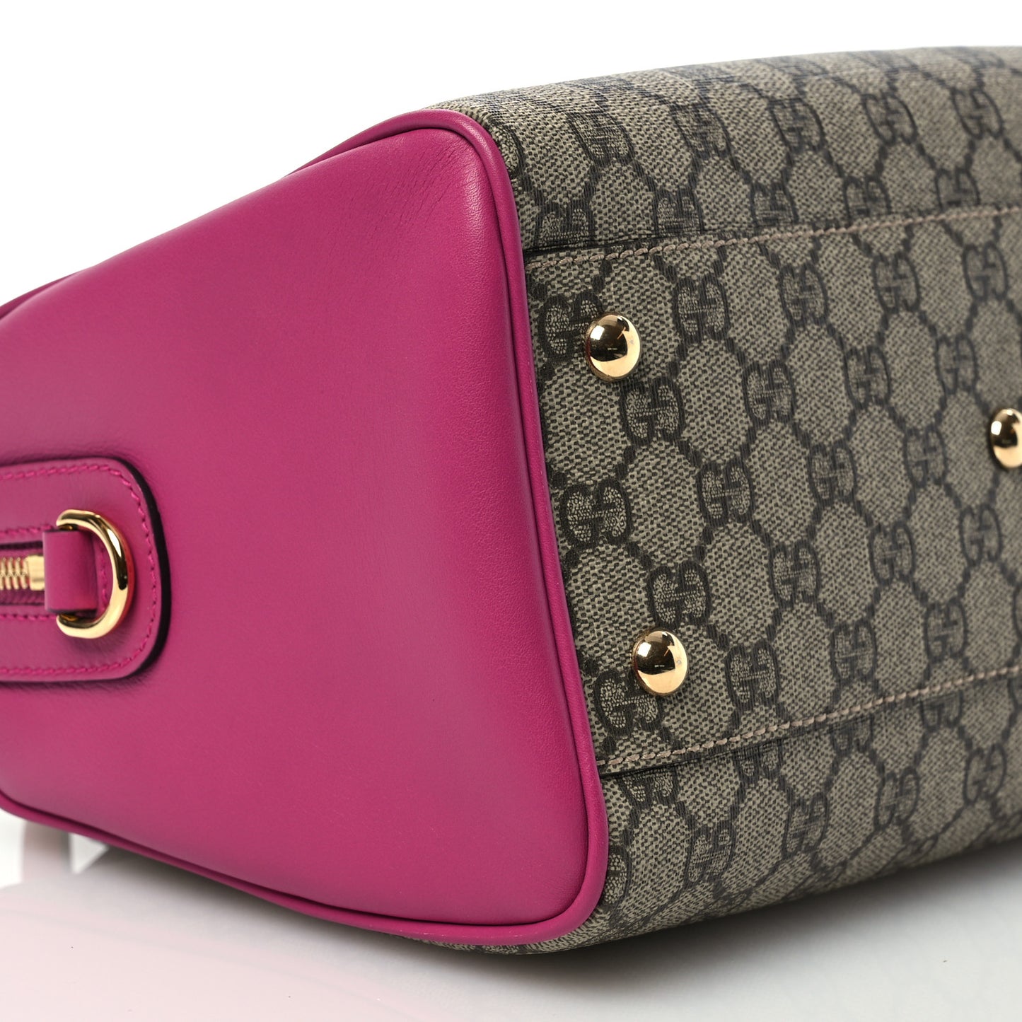 GG Supreme Monogram Moon Calfskin Small Boston Beige Ebony Hibiscus Red New Rosette