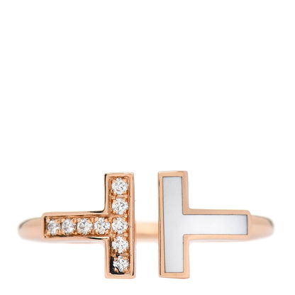 Tiffany 18K Rose Gold Diamond Mother of Pearl T Wire Ring 54 7 1 of 6