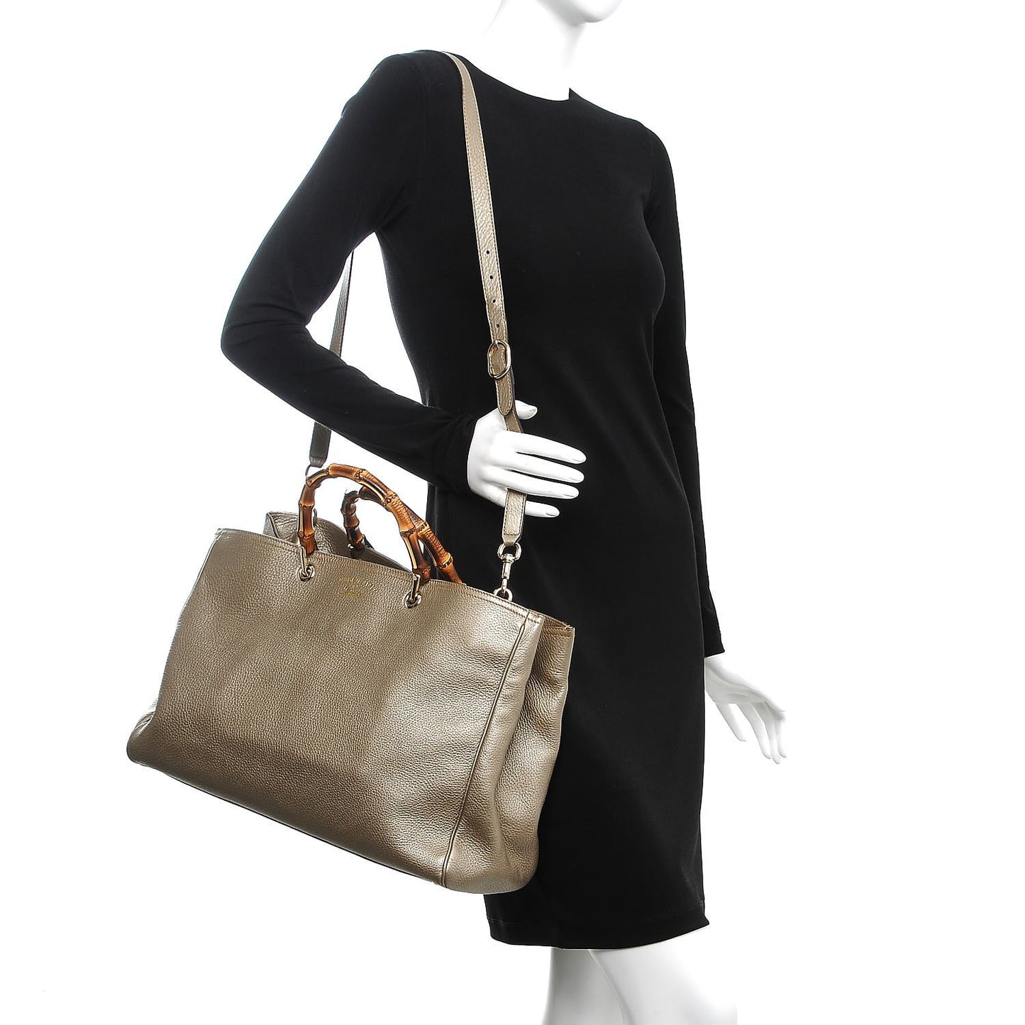 Metallic Pebbled Calfskin Large Bamboo Shopper Tote Golden Beige