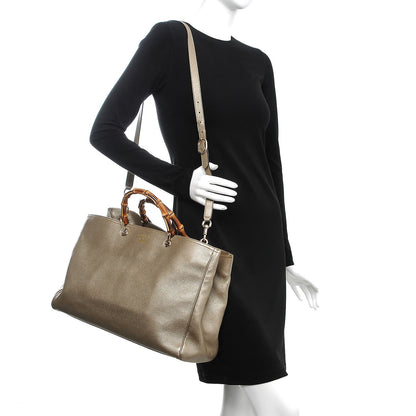 Gucci Metallic Pebbled Calfskin Large Bamboo Shopper Tote Golden Beige 2 of 9