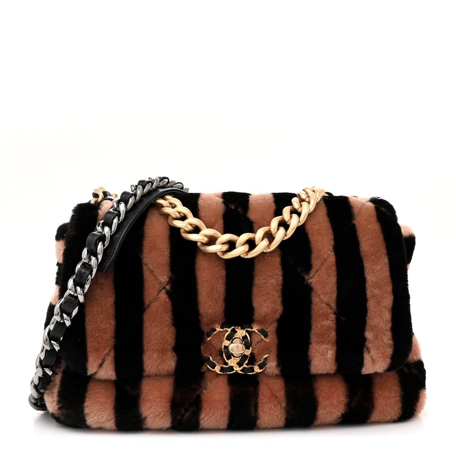 Chanel Shearling Striped Medium Chanel 19 Flap Black Beige 1 of 11