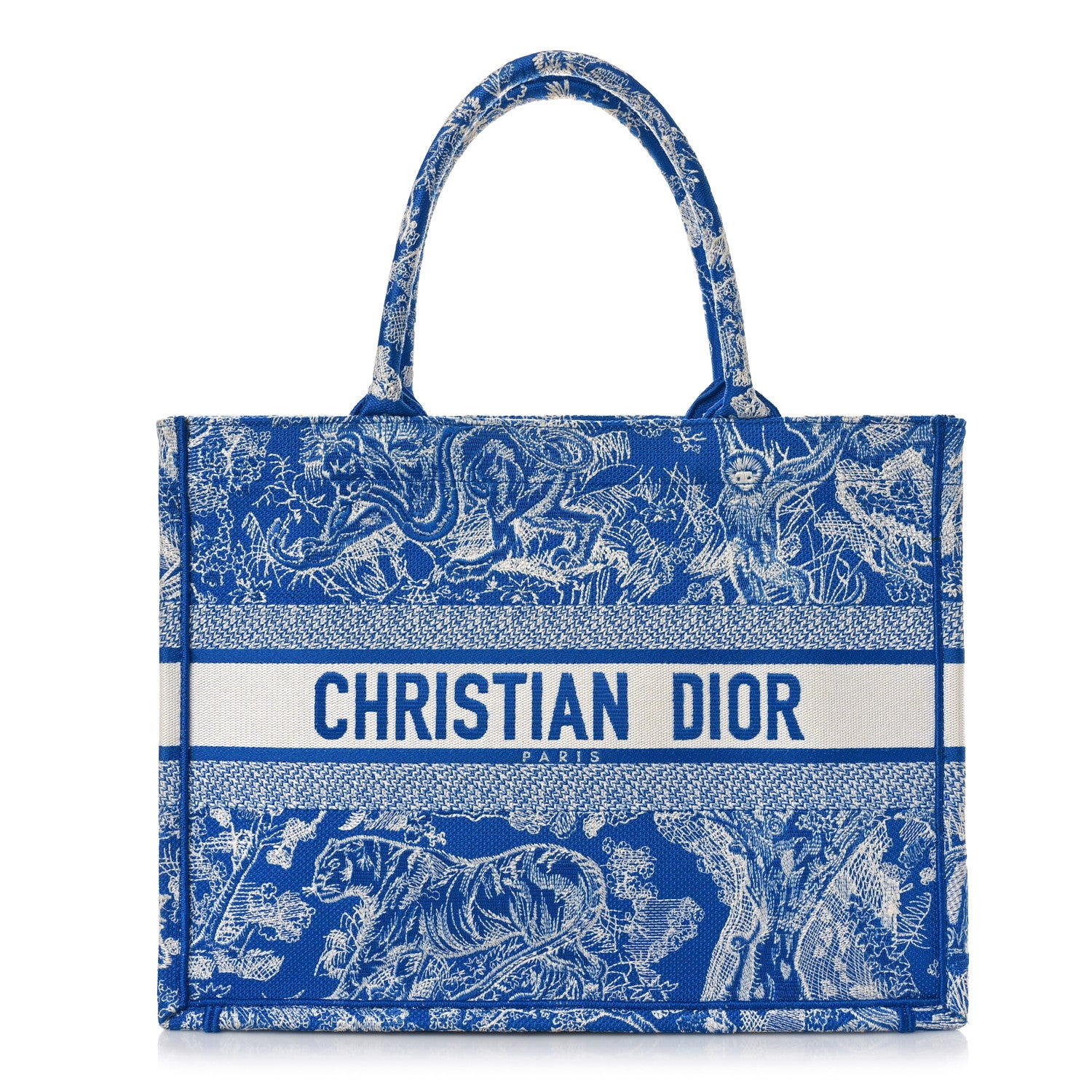 Christian Dior Canvas Embroidered Medium Dioriviera Toile De Jouy Book Tote Fluorescent Blue 1 of 8