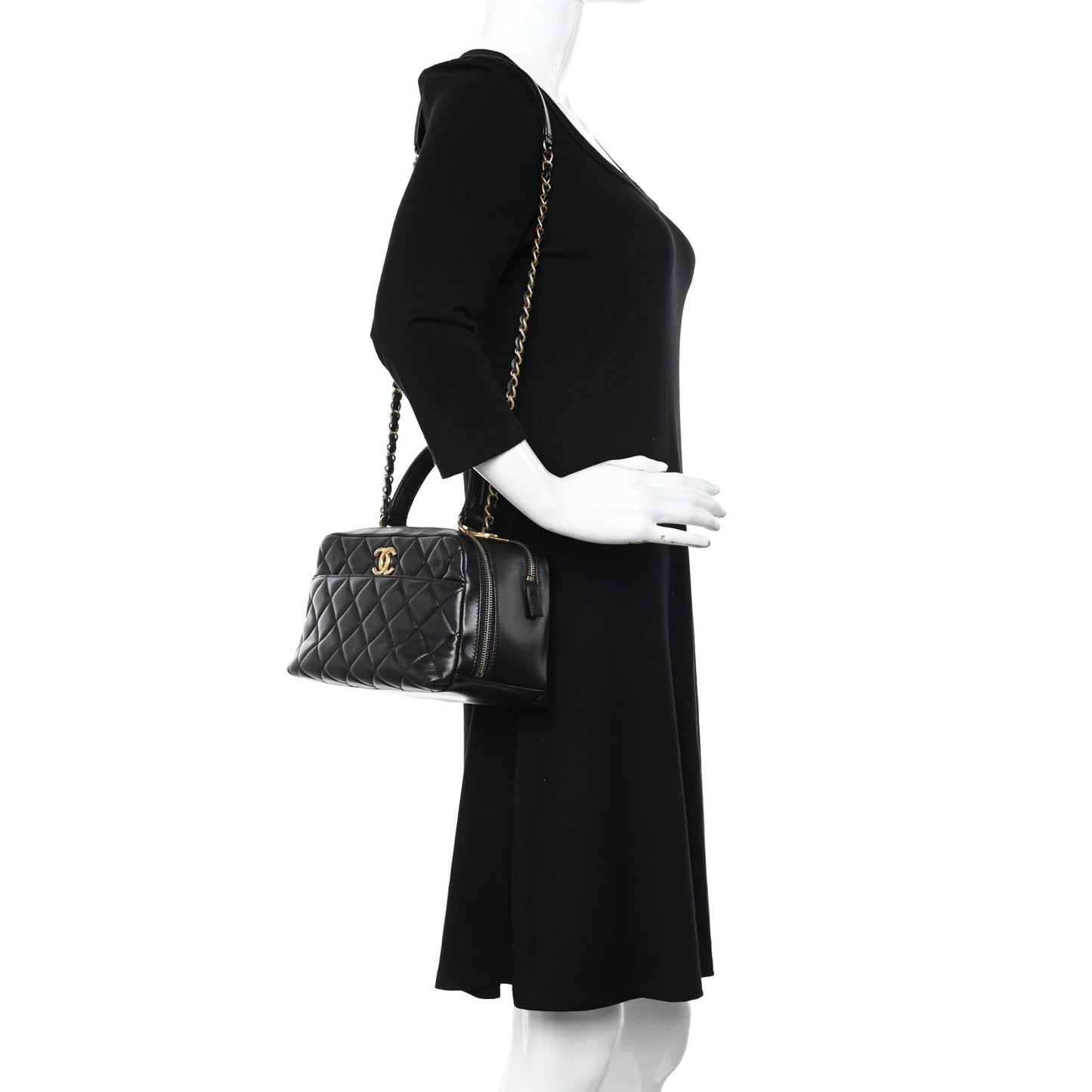 Lambskin Quilted Medium Trendy CC Bowling Bag Black