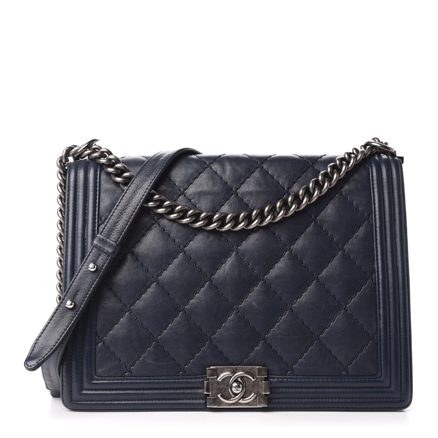 Calfskin Double Stitch Large Boy Flap Navy Blue