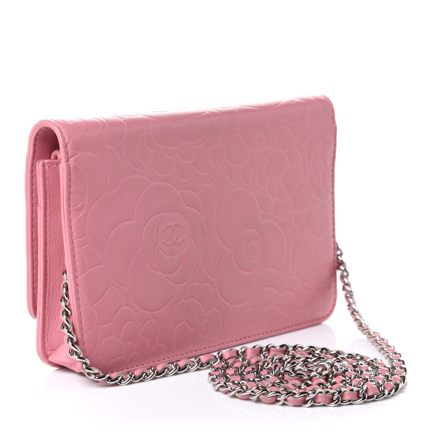 Chanel Lambskin Camellia Embossed Wallet On Chain WOC Pink 3 of 11