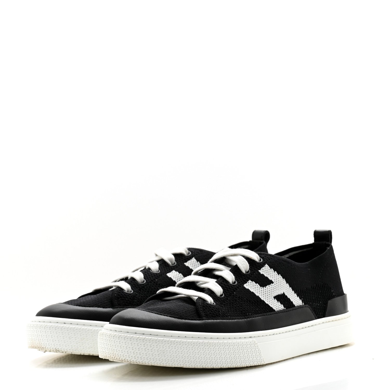 Hermes Knit Fabric Calfskin Deep Sneakers 39 Black White 3 of 11