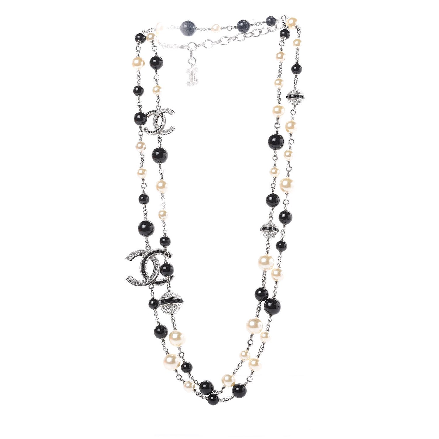 Pearl Crystal Bead CC Long Necklace Silver Black