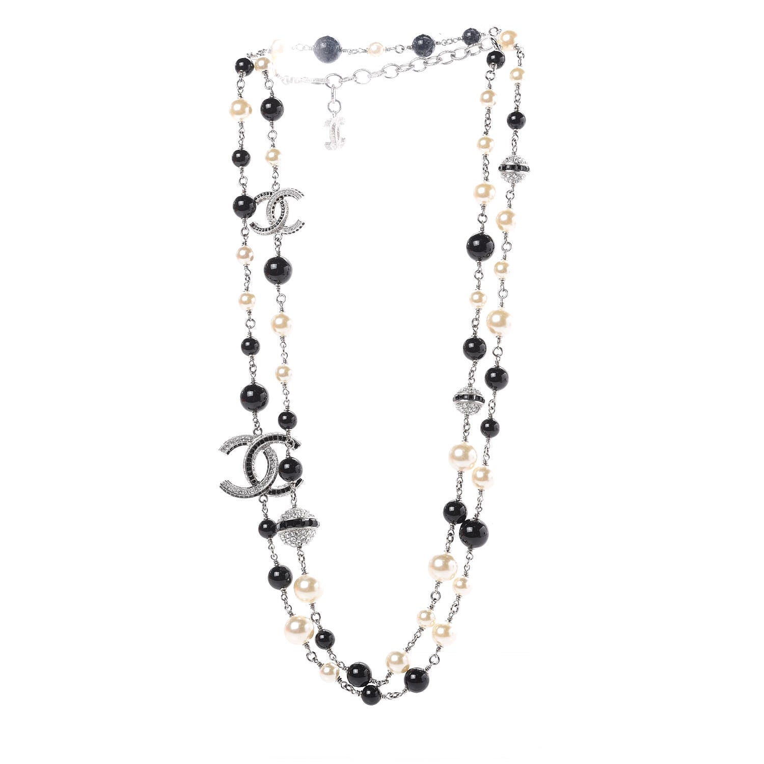 Chanel Pearl Crystal Bead CC Long Necklace Silver Black 3 of 5