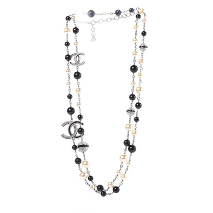 Chanel Pearl Crystal Bead CC Long Necklace Silver Black 3 of 5
