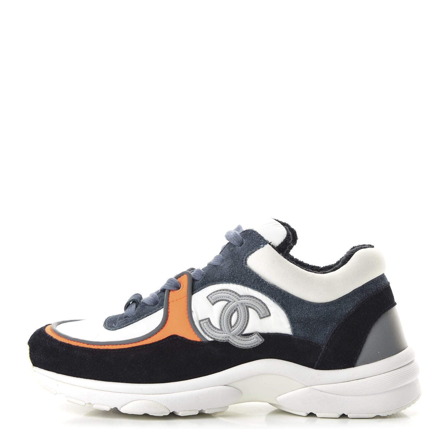 Chanel Nylon Calfskin Suede CC Womens Sneakers 36 Navy White Orange 1 of 10