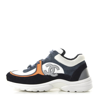 Chanel Nylon Calfskin Suede CC Womens Sneakers 36 Navy White Orange 1 of 10