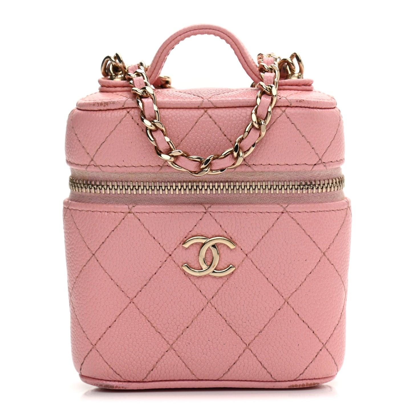 Caviar Quilted Small Handle With Care Vanity Case With Chain Pink