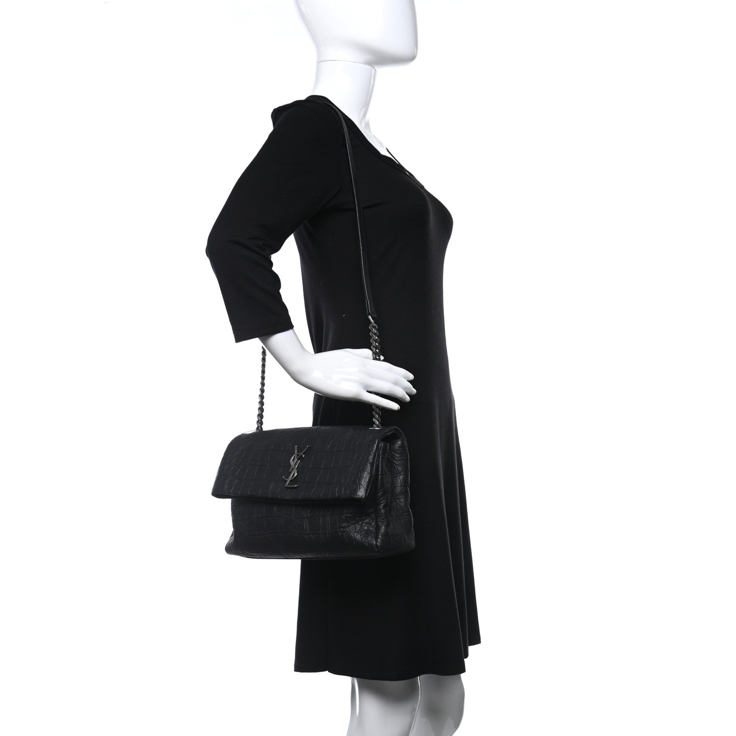 Saint Laurent Calfskin Crocodile Embossed Medium West Hollywood Monogram Fold-Over Black 2 of 11