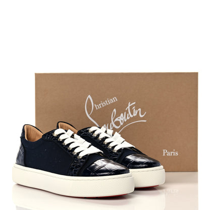Christian Louboutin Calfskin Crocodile Embossed Mens Louis Junior Flat Sneakers 8 Navy 8 of 8