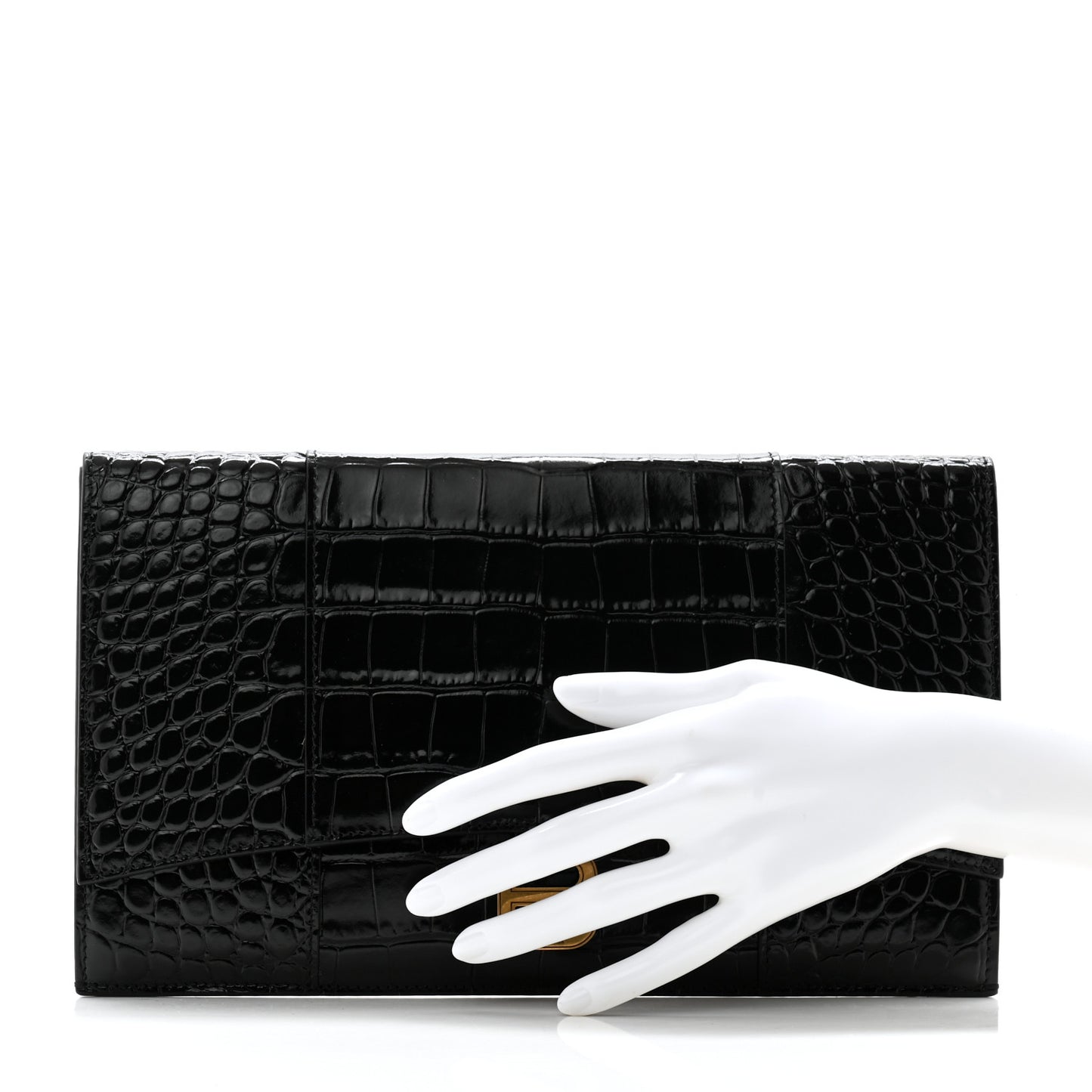 Shiny Calfskin Crocodile Embossed Hourglass Flap Flat Pouch Black