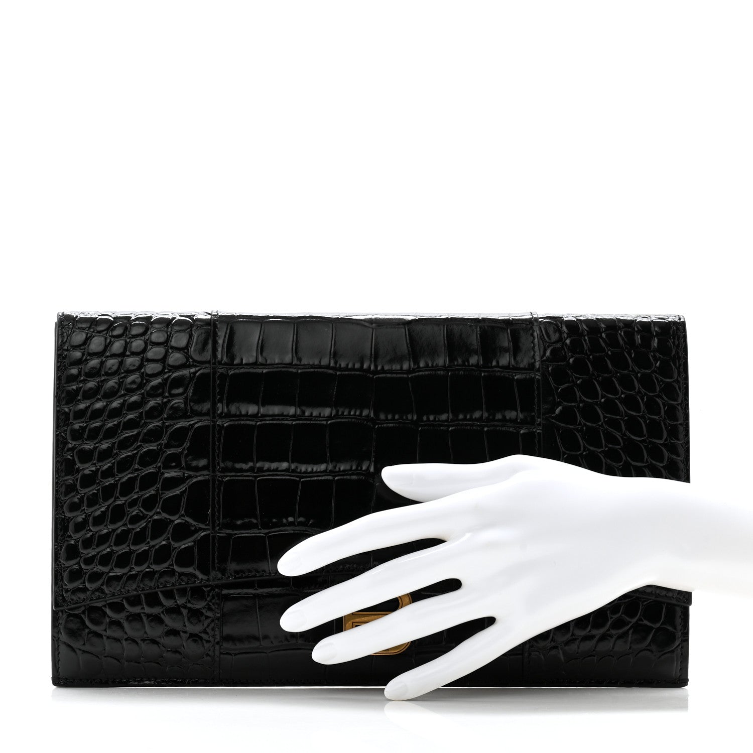 Balenciaga Shiny Calfskin Crocodile Embossed Hourglass Flap Flat Pouch Black 2 of 9