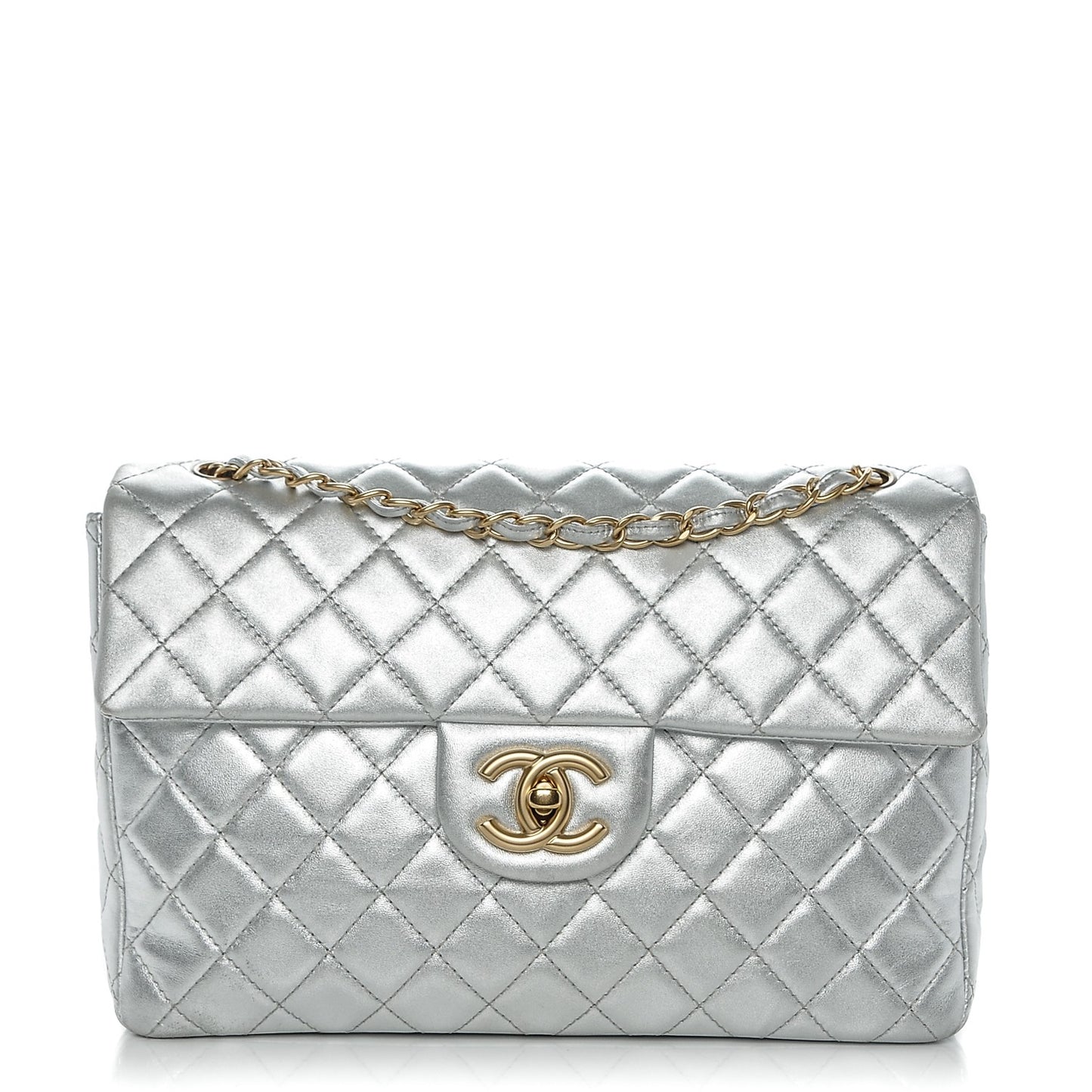 Metallic Lambskin Quilted Maxi Single Flap Silver