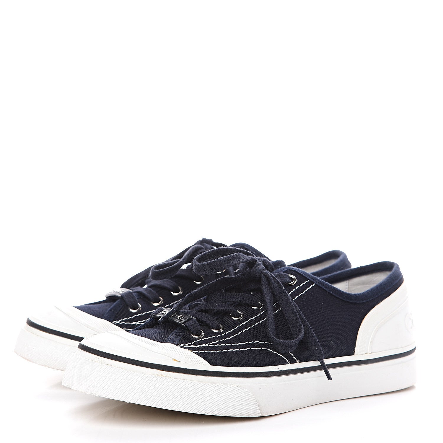 Chanel Canvas Lace Up Cap Toe Sneakers 39 Navy 3 of 14