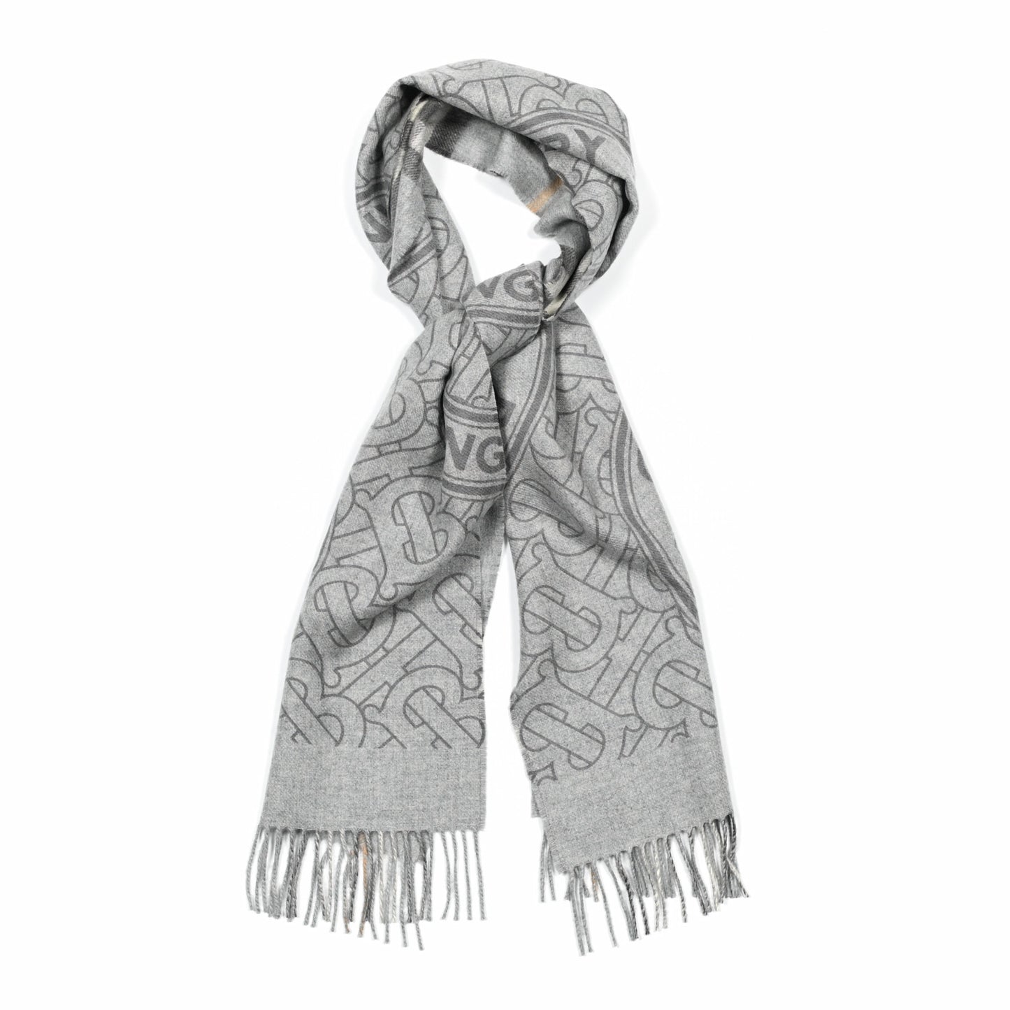 Cashmere Half Mega Check Monogram TB Reversible Fringe Scarf Mid Grey