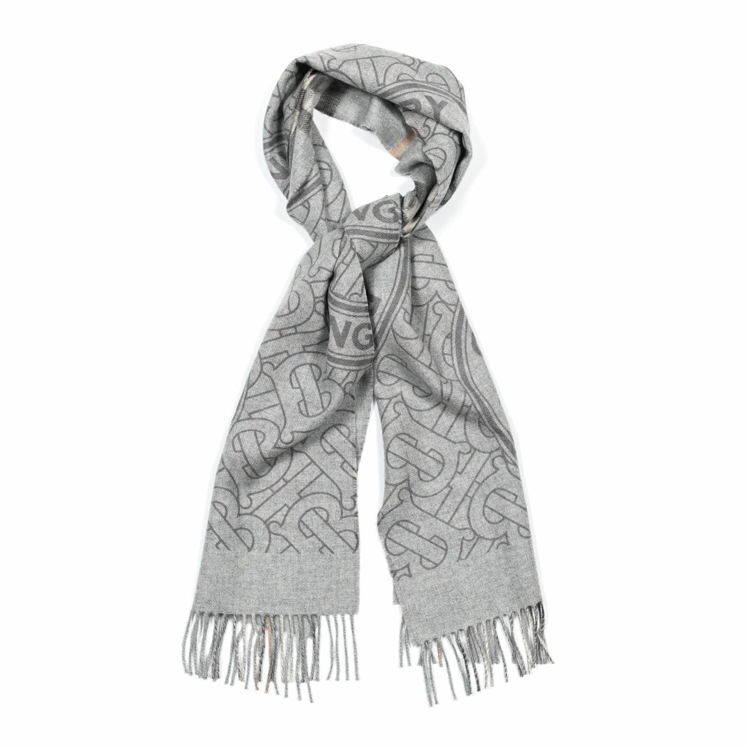 Burberry Cashmere Half Mega Check Monogram TB Reversible Fringe Scarf Mid Grey 1 of 3