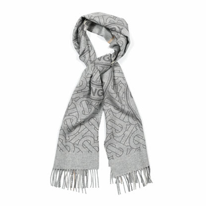Burberry Cashmere Half Mega Check Monogram TB Reversible Fringe Scarf Mid Grey 1 of 3