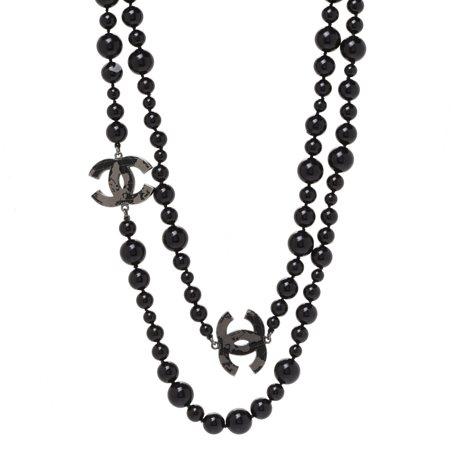 Chanel Resin Enamel Beaded CC Map Long Necklace Ruthenium Black 1 of 7