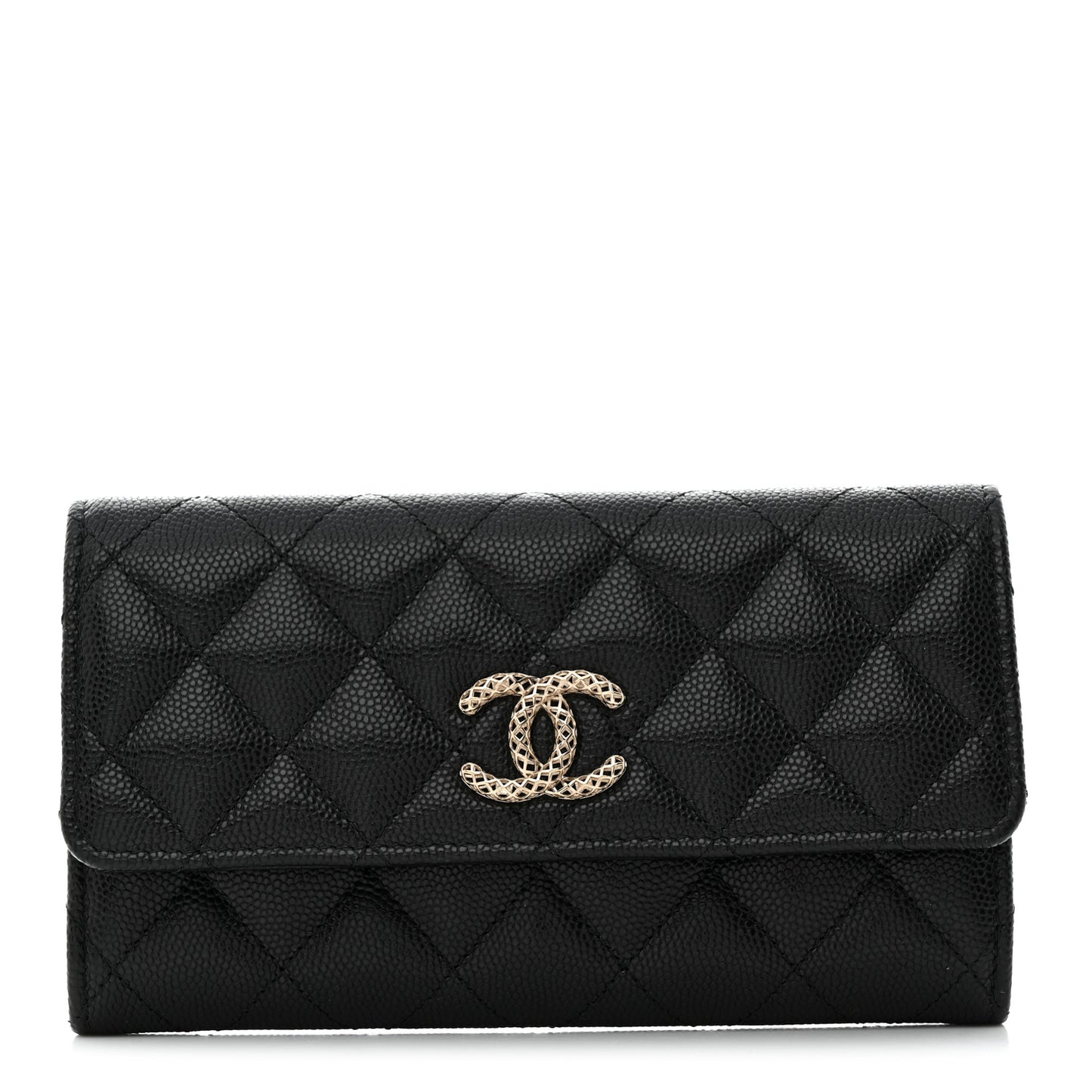 Caviar Metal Perforated Quilted CC Flap Wallet Black