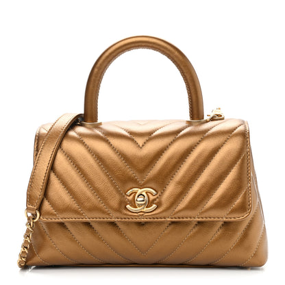 Chanel Metallic Calfskin Chevron Quilted Mini Coco Handle Flap Gold 1 of 13