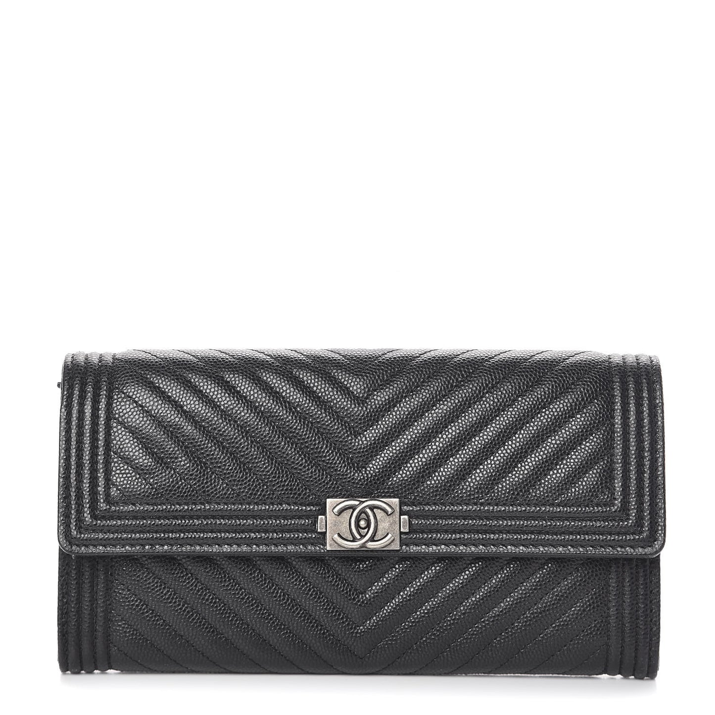 Caviar Chevron Quilted Large Boy Gusset Flap Wallet Black