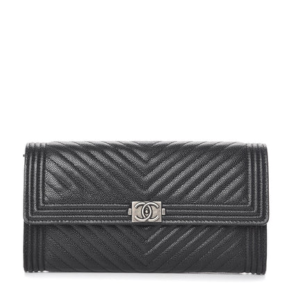 Chanel Caviar Chevron Quilted Large Boy Gusset Flap Wallet Black 1 of 9