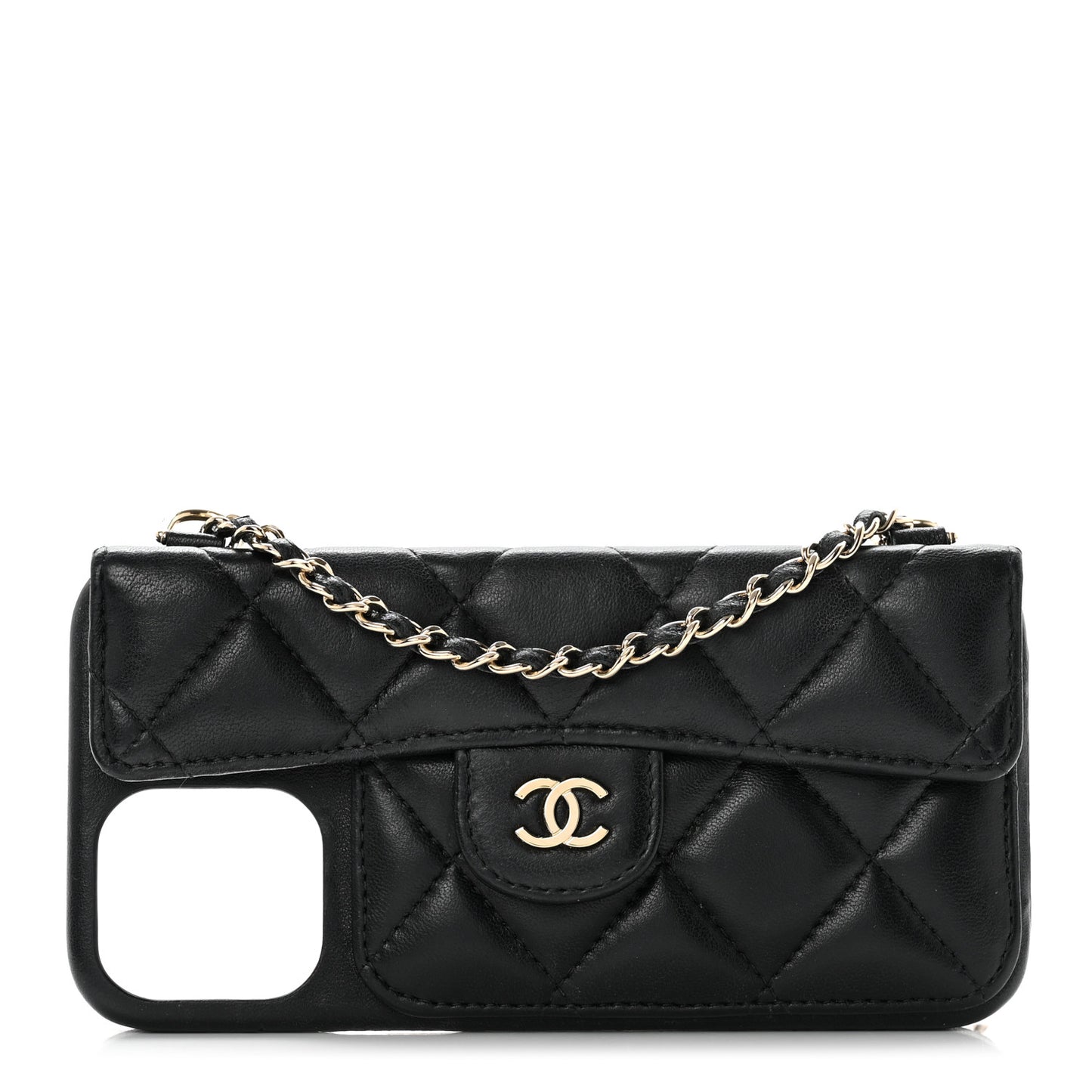 Lambskin Quilted iPhone XII Pro Holder With Chain Black