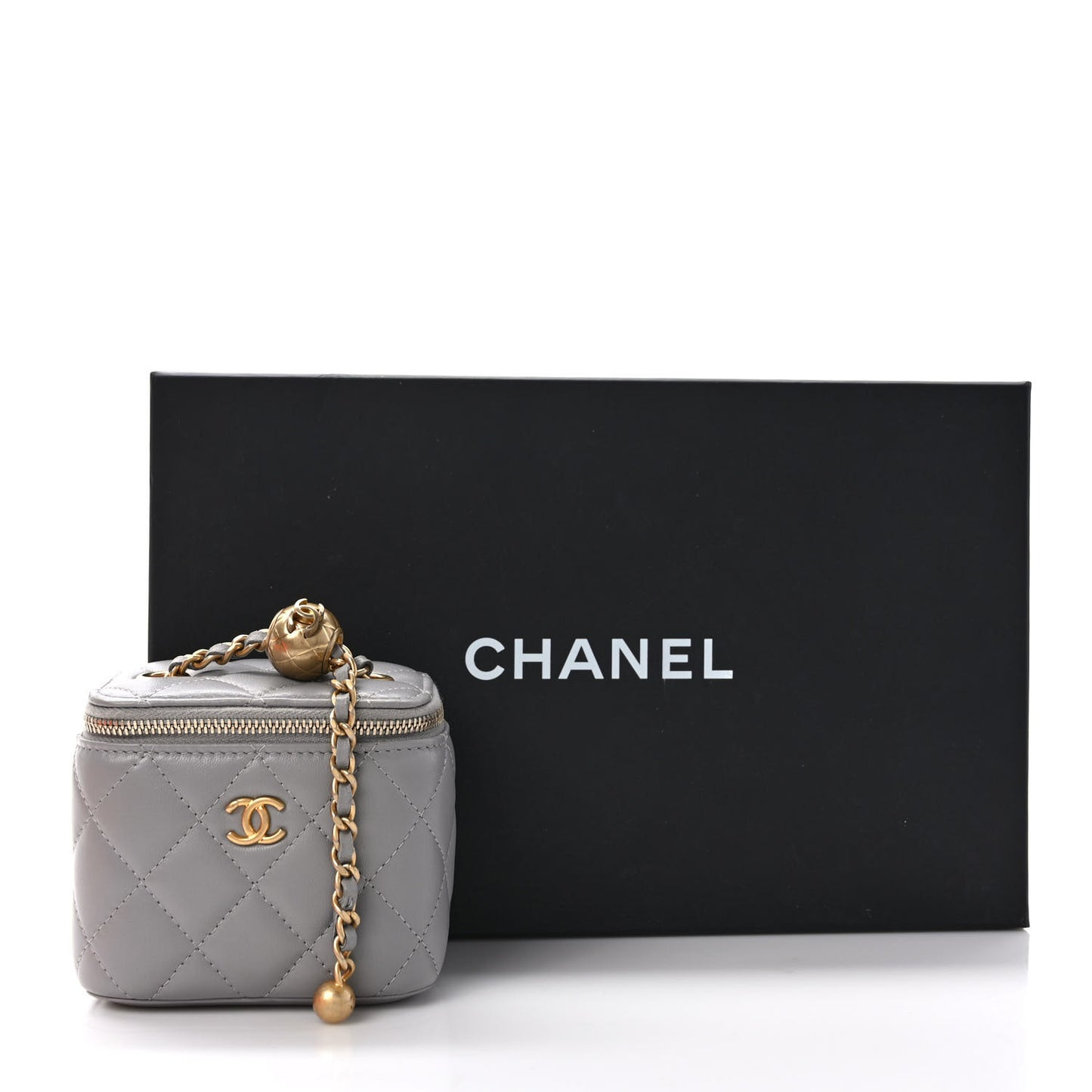 Lambskin Quilted Pearl Crush Mini Vanity Case With Chain Grey