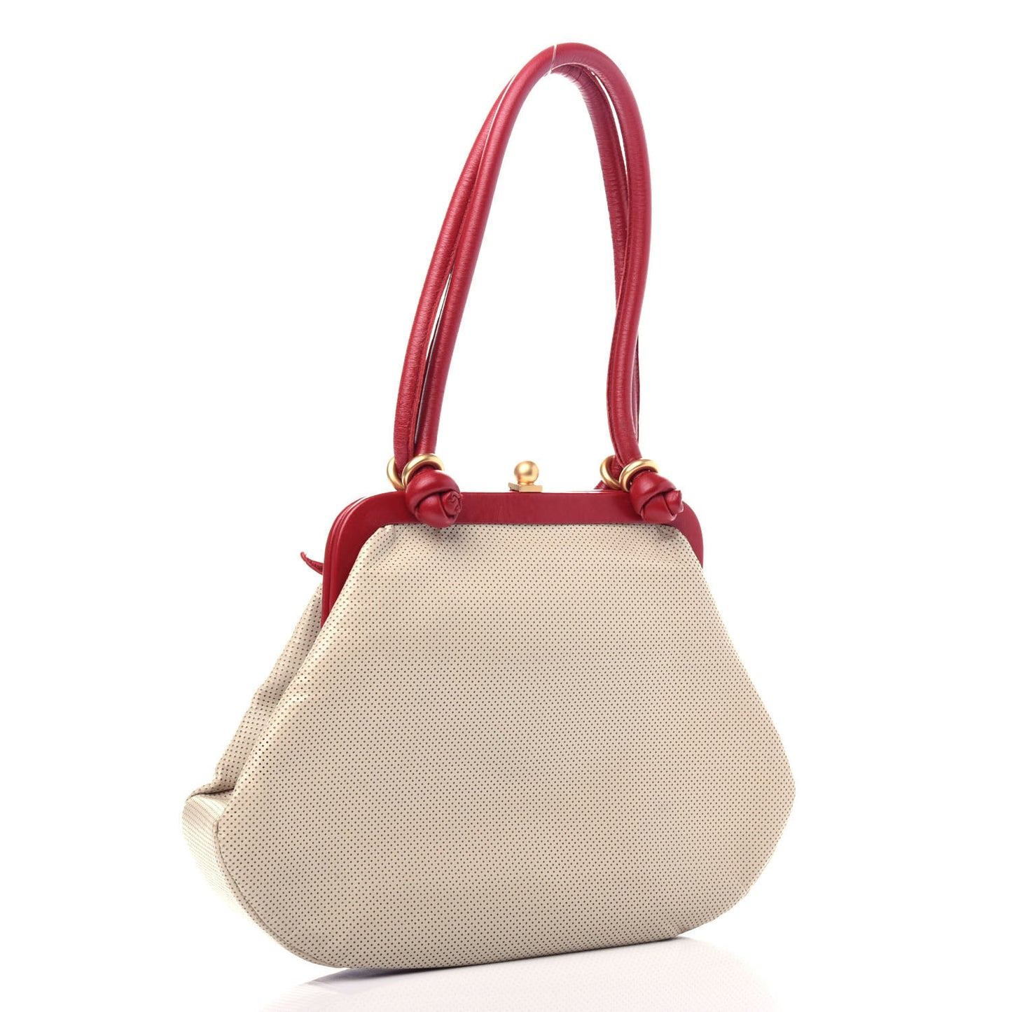 Perforated Lambskin Kiss Lock Light Beige Red