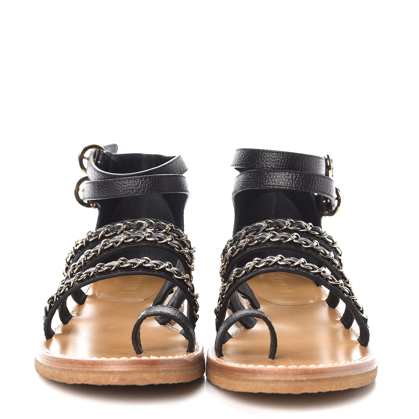 Calfskin Fantasy Chain Flat Sandals 37.5 Black
