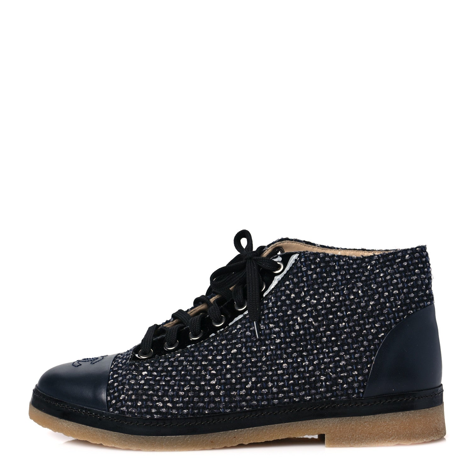 Chanel Tweed Calfskin Patent CC Lace Up Short Boots 42 Black Grey Dark Navy 1 of 8