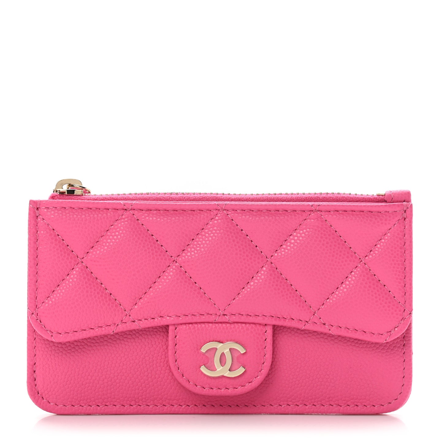 Caviar Quilted Flap Zip Card Holder Dark Pink