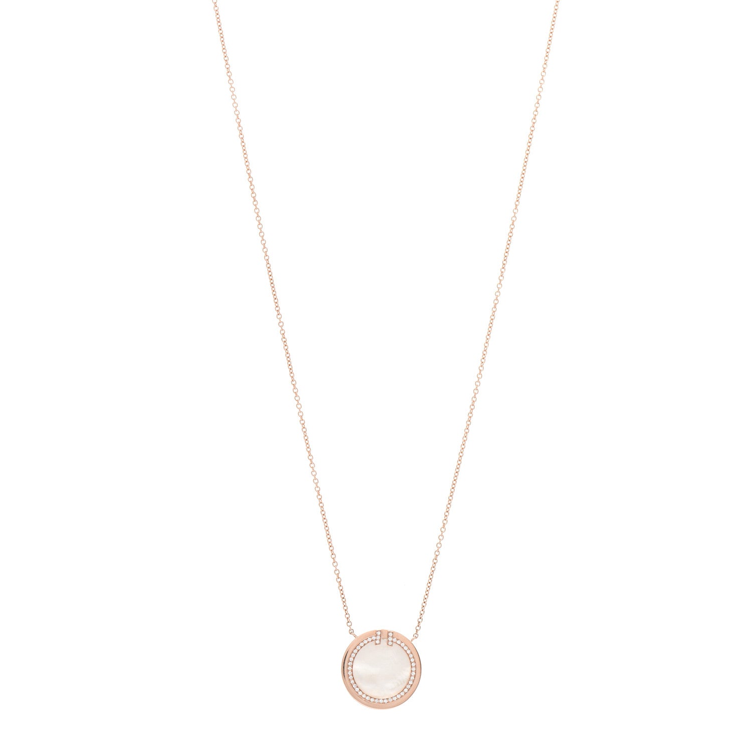 Tiffany 18K Rose Gold Diamond Mother of Pearl T Circle Pendant Necklace 1 of 5