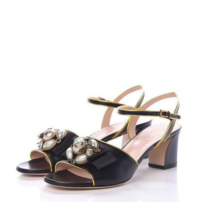 Gucci Nappa Silk Pearl Bee Embellished Mid-Heel Sandals 39.5 Black 3 of 9