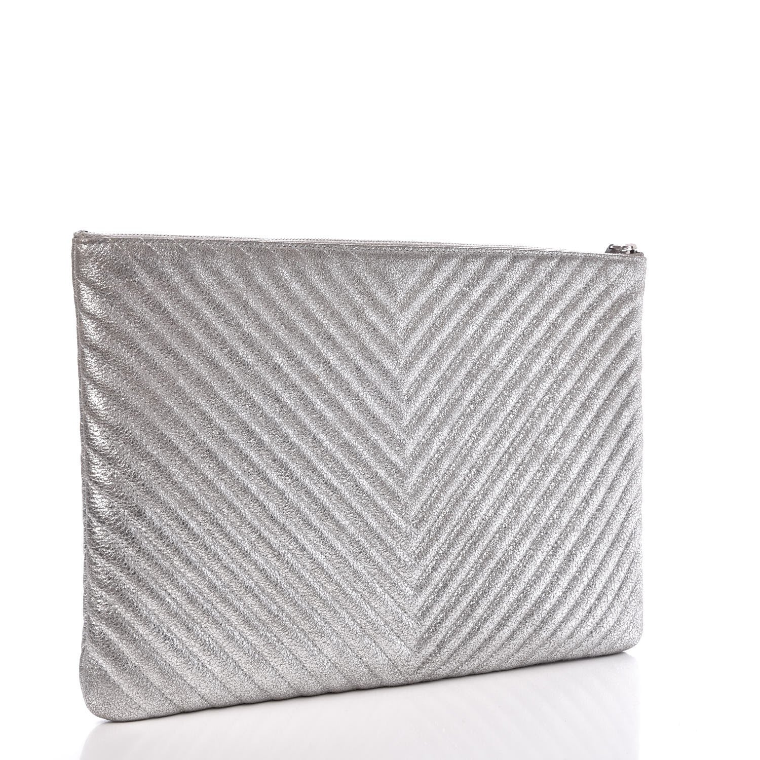 Chanel Metallic Crackled Goatskin Studded Chevron Quilted CC Large Zip Clutch Silver 3 of 8