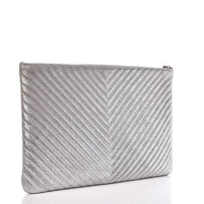 Chanel Metallic Crackled Goatskin Studded Chevron Quilted CC Large Zip Clutch Silver 3 of 8